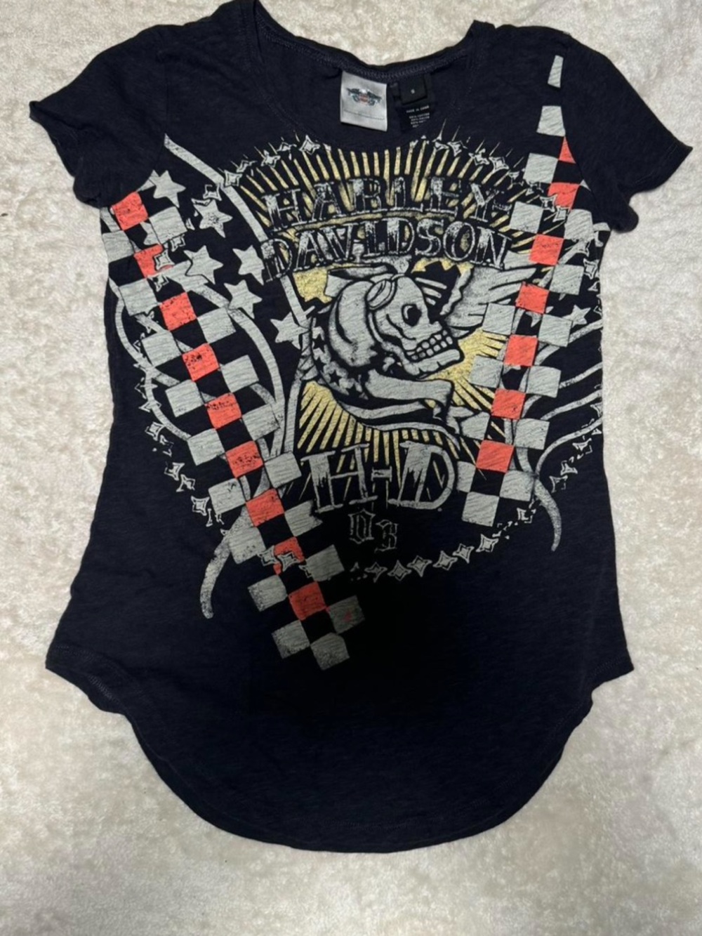 Harley-Davidson Black Girls' Short Sleeve Skull Tee with Red Accents